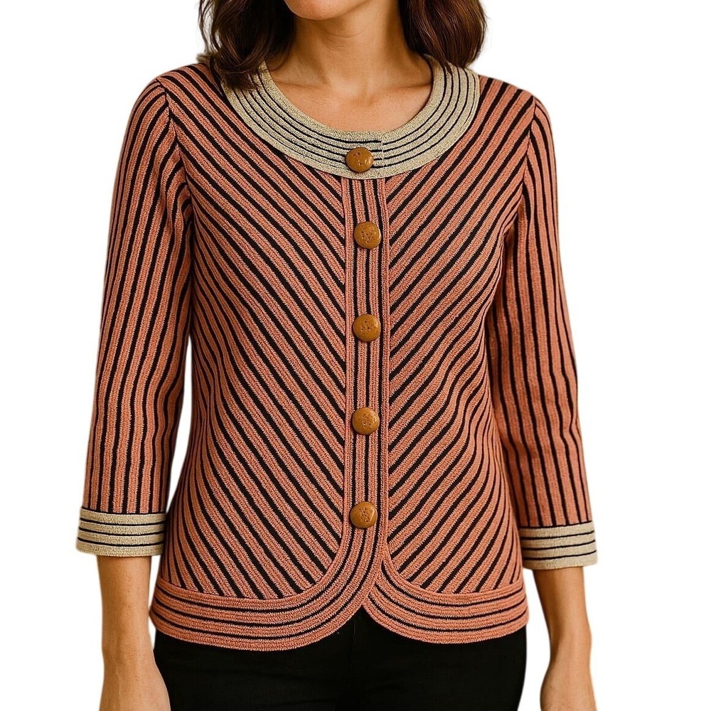 Obstinee by IKA‎ Vintage-Style Striped Button-Up Cardigan with Cowl Neck 12 New